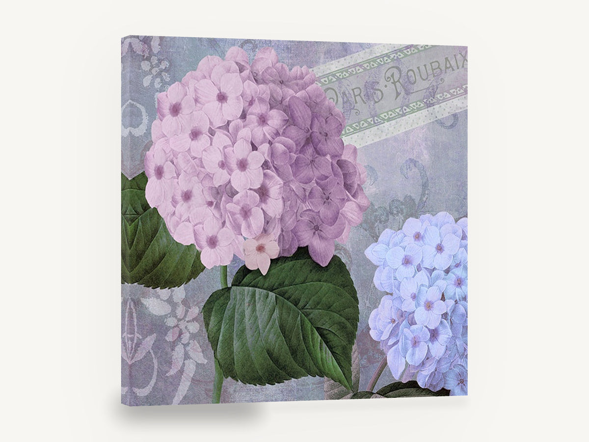 Lilac Hydrangea Postcard, purple hydrangea vintage botanical collage, floral canvas wall art print ready to hang
