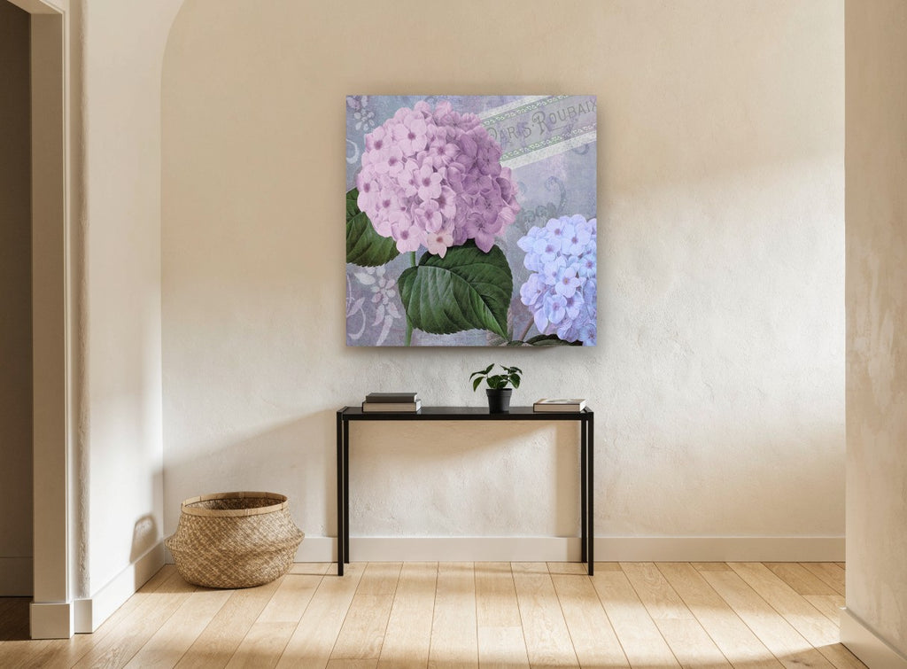 Lilac Hydrangea Postcard floral canvas print on the wall of a hallway