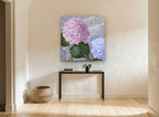 Lilac Hydrangea Postcard floral canvas print on the wall of a hallway