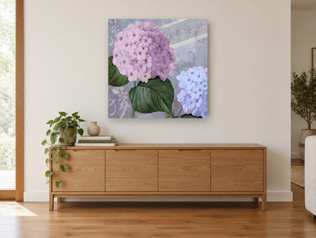 Lilac Hydrangea Postcard floral canvas print on the wall of a living room above a sideboard