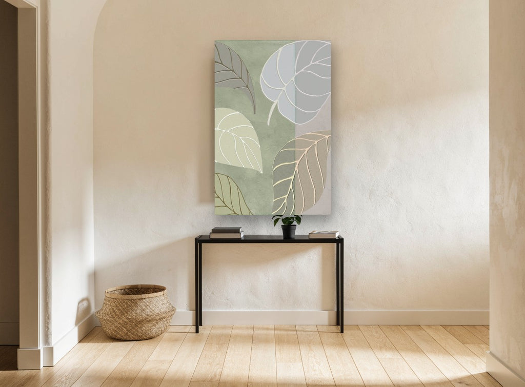 Sage Leaf Panels floral canvas print on the wall of a hallway