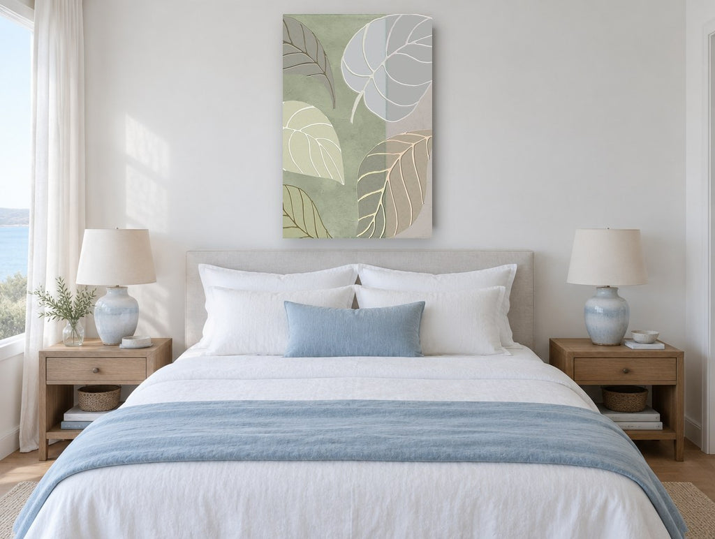 Sage Leaf Panels floral canvas print on the wall of a coastal bedroom