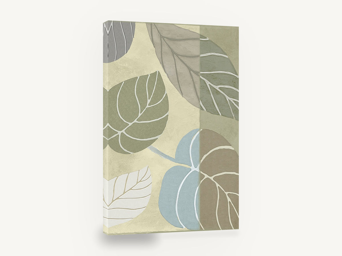 Layered Leaf Panels, sage green leaf illustration botanical, floral canvas wall art print ready to hang