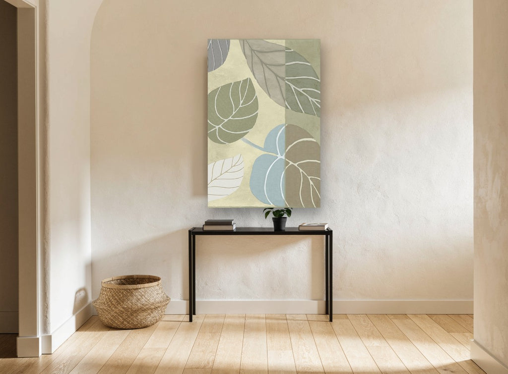 Layered Leaf Panels floral canvas print on the wall of a hallway