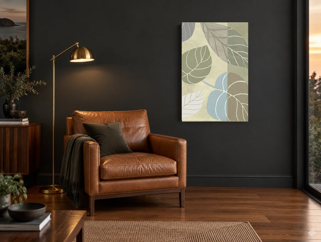 Layered Leaf Panels floral canvas print on the wall of a charcoal living room