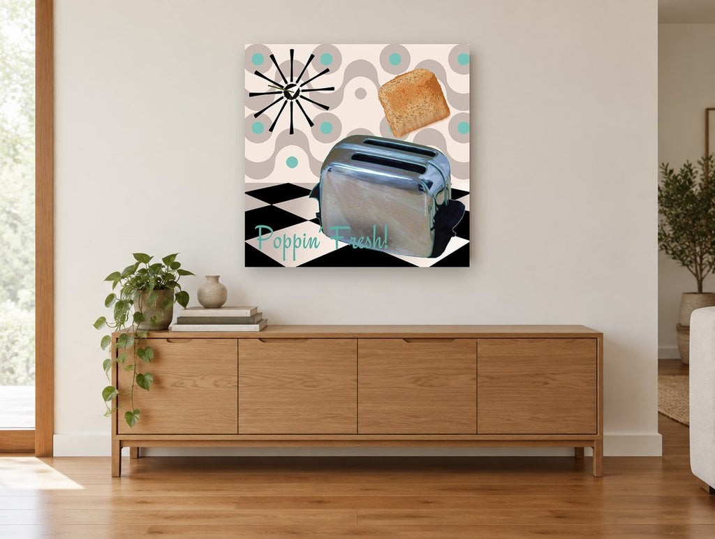 Poppin' Fresh Toaster vintage canvas print on the wall of a living room above a sideboard