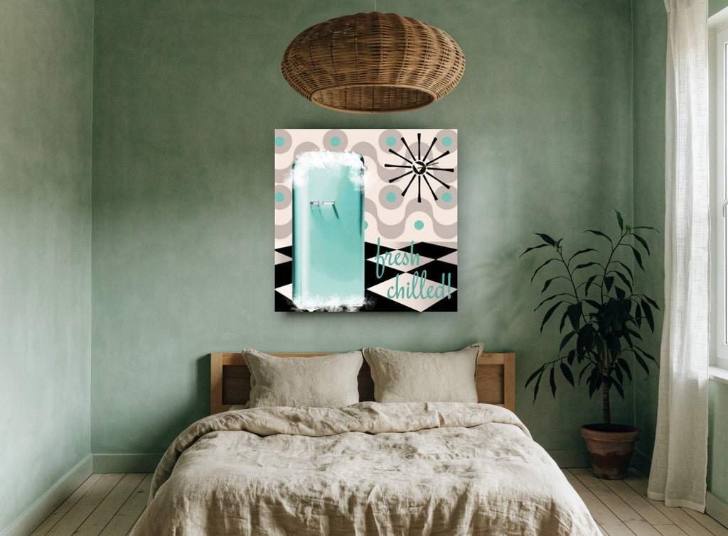 Fresh Chilled Fifties Fridge vintage canvas print on the wall of a bedroom