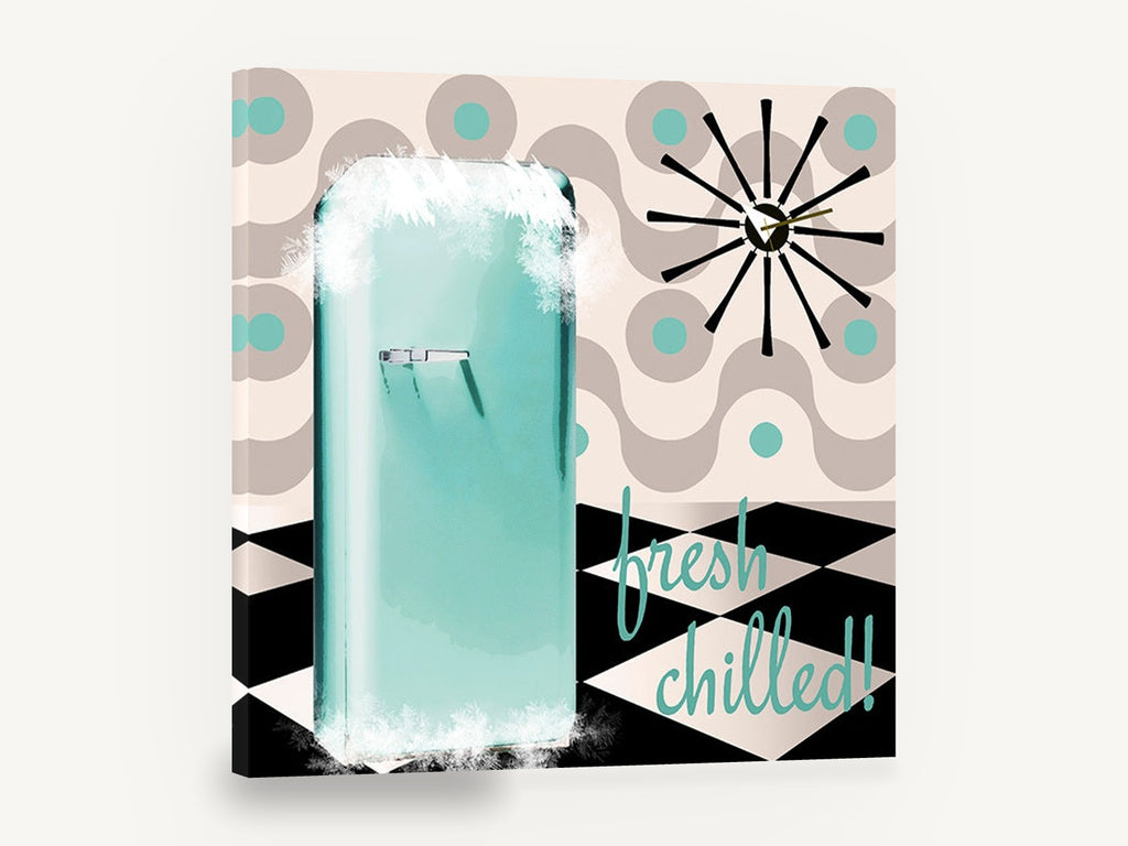 Fresh Chilled Fifties Fridge, retro aqua fridge kitchen, stretched canvas wall art print ready to hang