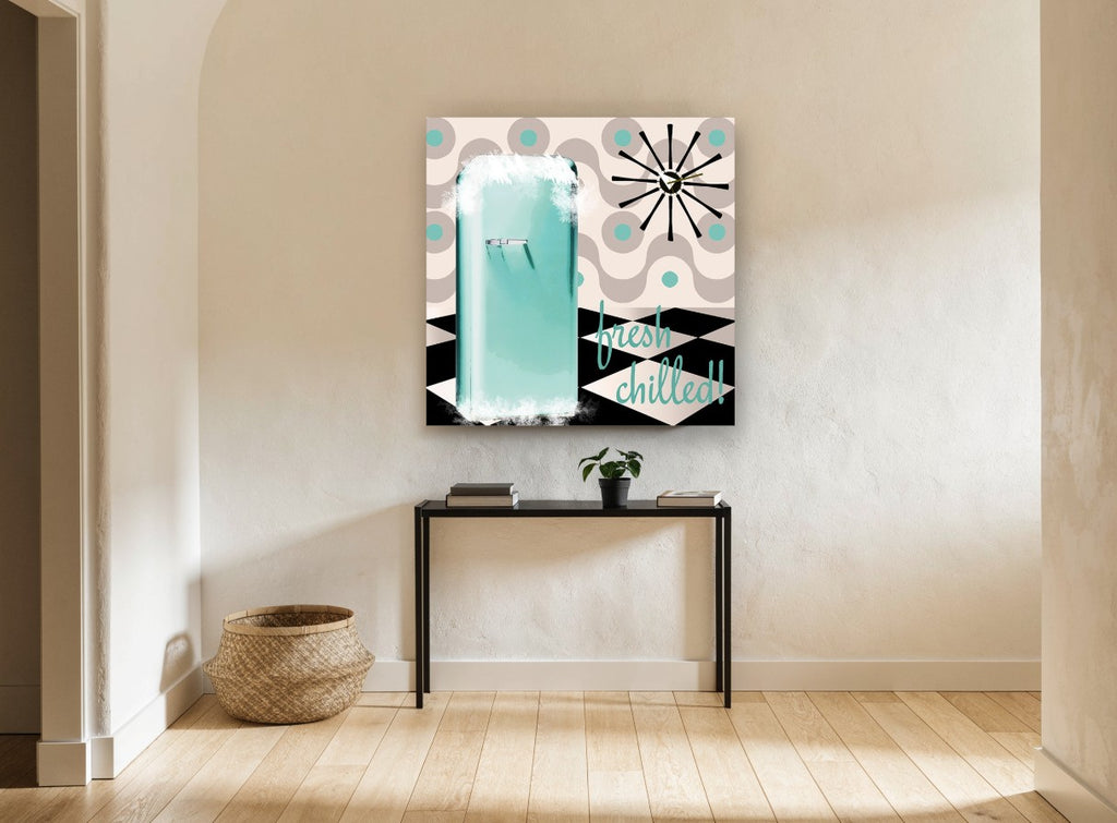 Fresh Chilled Fifties Fridge vintage canvas print on the wall of a hallway