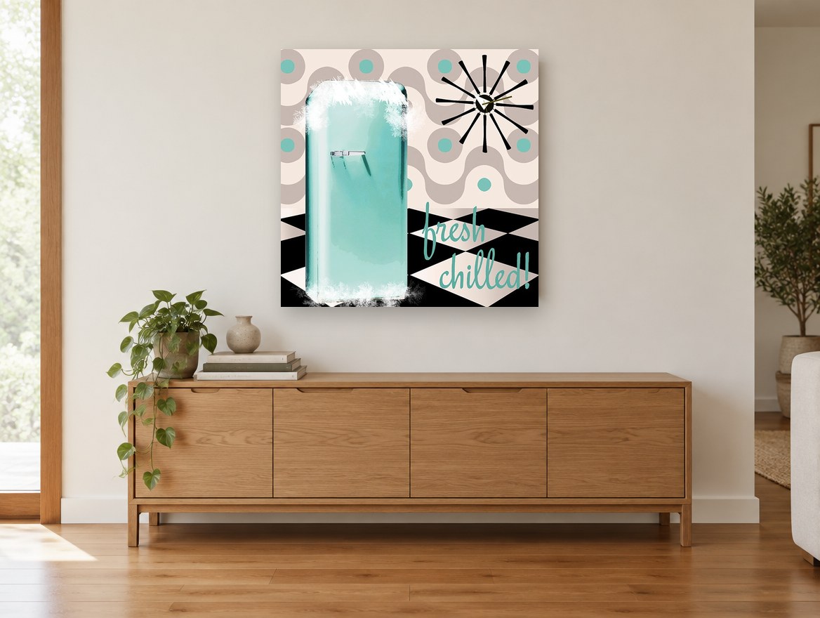 Fresh Chilled Fifties Fridge vintage canvas print on the wall of a living room above a sideboard