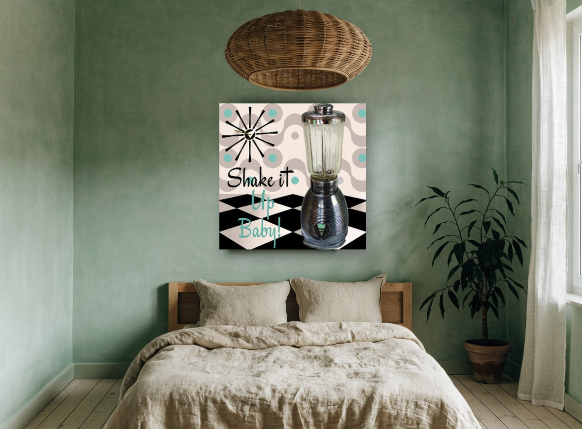 Shake It Up Baby vintage canvas print on the wall of a bedroom