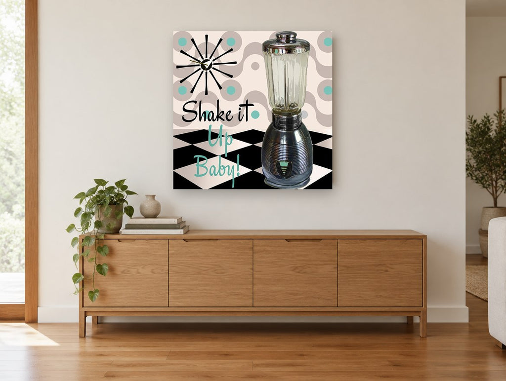 Shake It Up Baby vintage canvas print on the wall of a living room above a sideboard