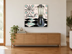 Shake It Up Baby vintage canvas print on the wall of a living room above a sideboard