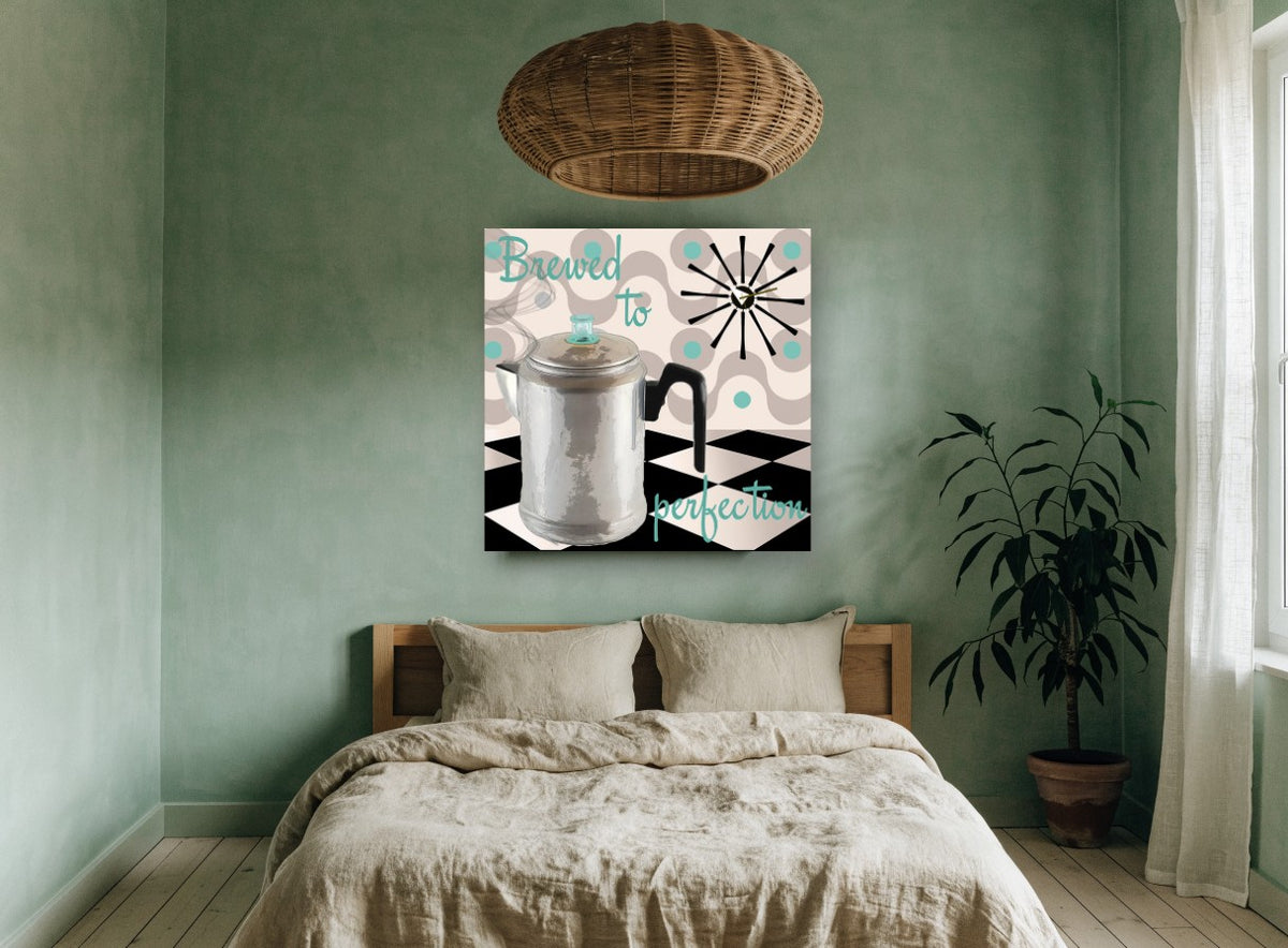 Brewed to Perfection vintage canvas print on the wall of a bedroom