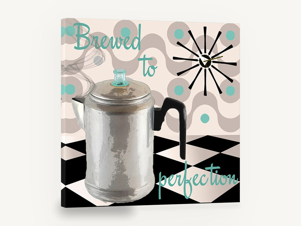 Brewed to Perfection, retro percolator coffee kitchen, stretched canvas wall art print ready to hang