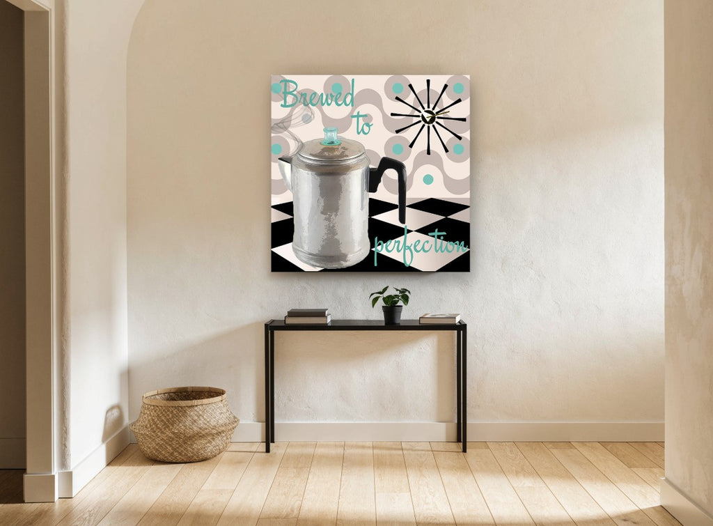 Brewed to Perfection vintage canvas print on the wall of a hallway