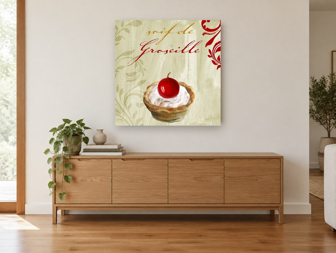 Redcurrant Cream Tart kitchen canvas print on the wall of a living room above a sideboard