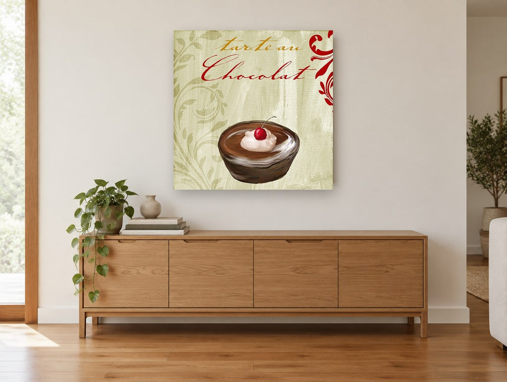 Chocolate Tart Cream kitchen canvas print on the wall of a living room above a sideboard