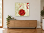Tarte aux Fraises kitchen canvas print on the wall of a living room above a sideboard