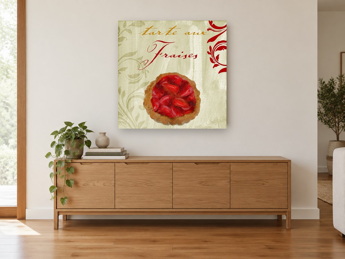 Tarte aux Fraises kitchen canvas print on the wall of a living room above a sideboard