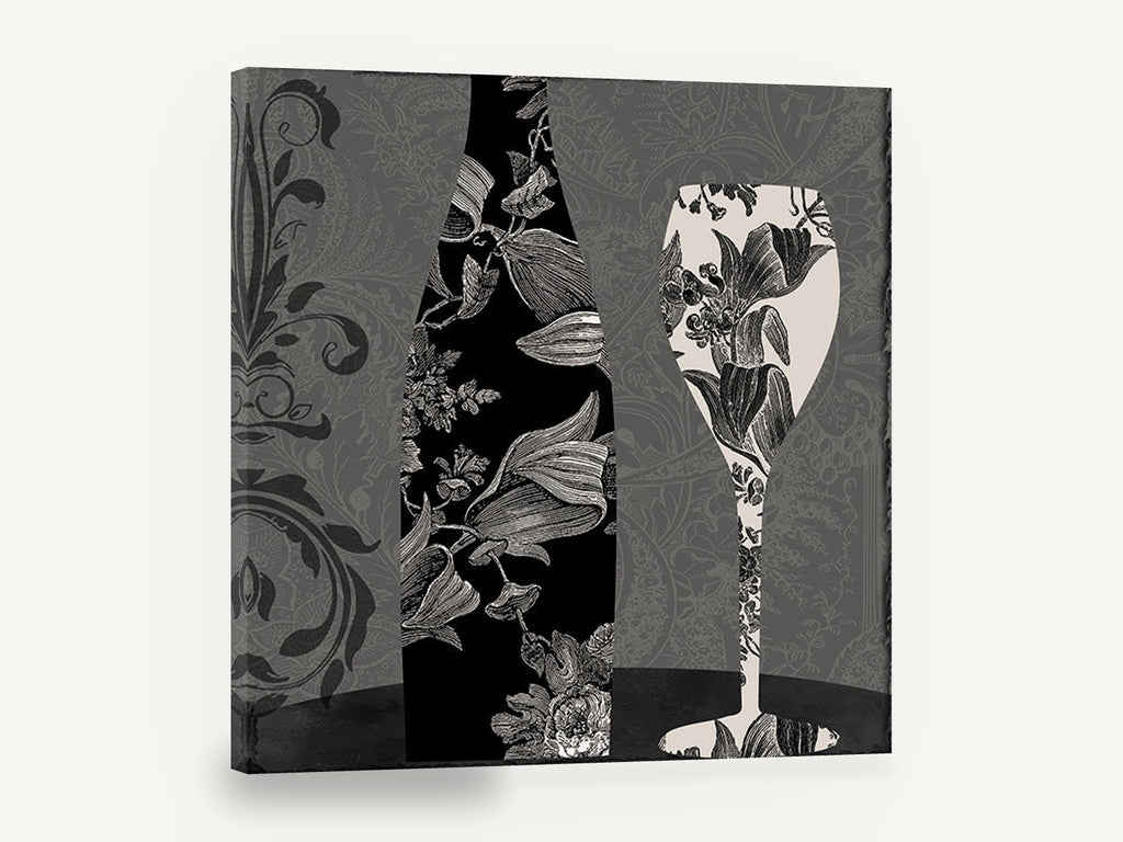 Damask Bottle and Glass, black white wine bottle glass damask, kitchen canvas wall art print ready to hang