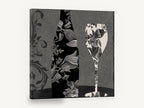 Damask Bottle and Glass, black white wine bottle glass damask, kitchen canvas wall art print ready to hang