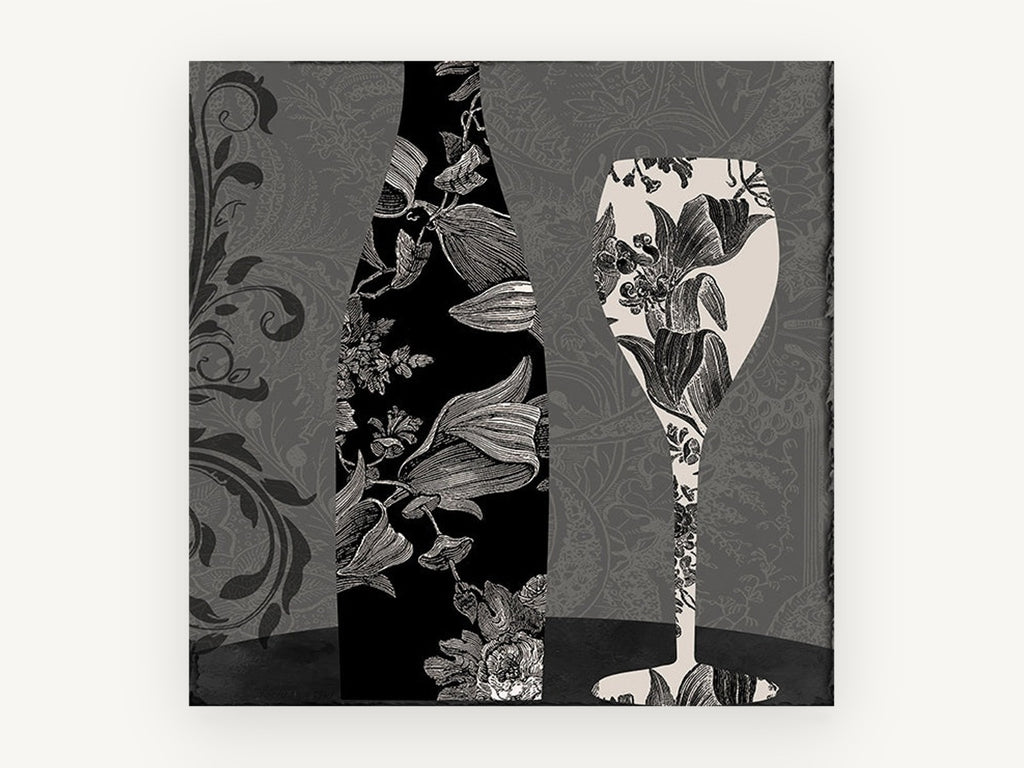 Damask Bottle and Glass, kitchen canvas wall art print, front view
