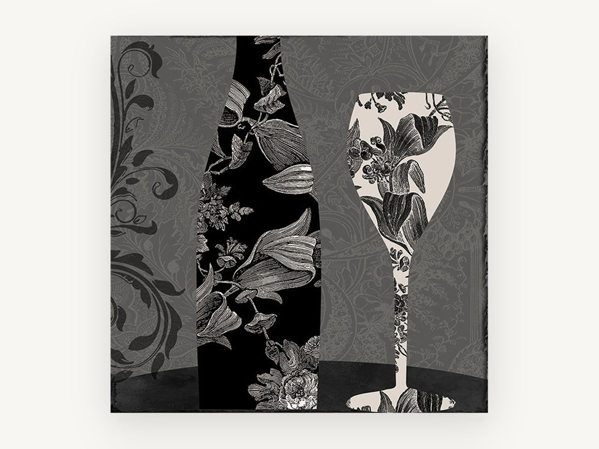 Damask Bottle and Glass, kitchen canvas wall art print, front view