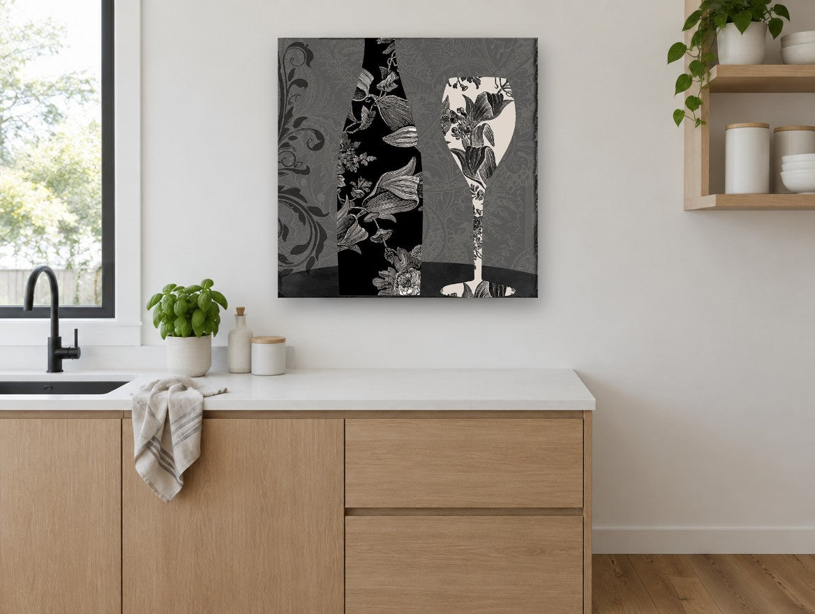 Damask Bottle and Glass kitchen canvas print on the wall of a kitchen