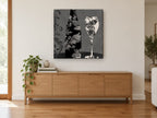 Damask Bottle and Glass kitchen canvas print on the wall of a living room above a sideboard