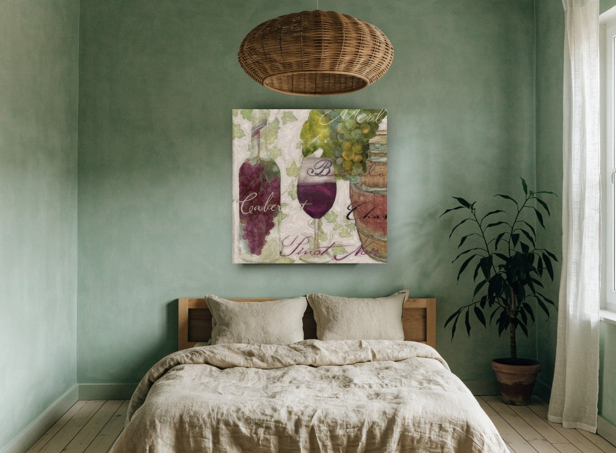 Vineyard Cellar Script floral canvas print on the wall of a bedroom