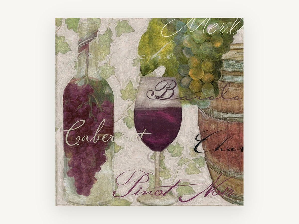 Vineyard Cellar Script, floral canvas wall art print, front view