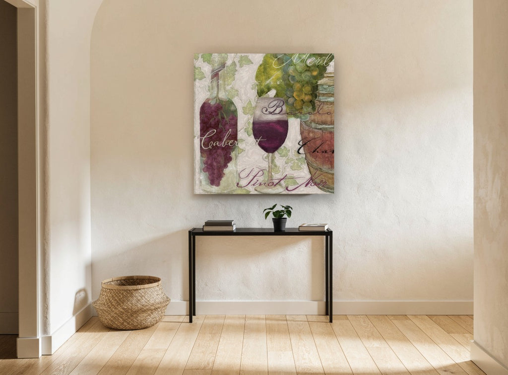 Vineyard Cellar Script floral canvas print on the wall of a hallway