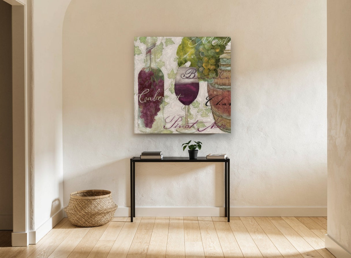 Vineyard Cellar Script floral canvas print on the wall of a hallway