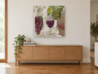 Vineyard Cellar Script floral canvas print on the wall of a living room above a sideboard