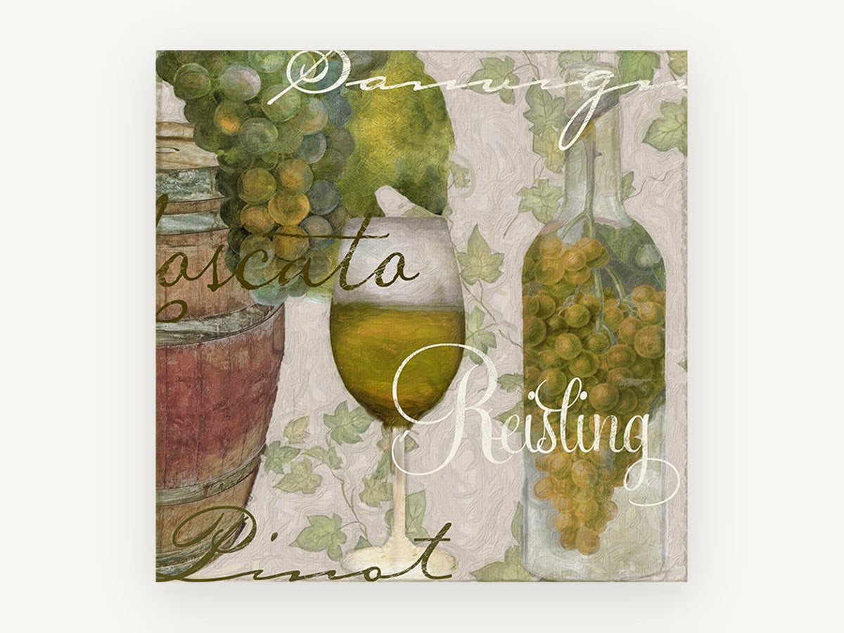 White Wine Cellar Script, floral canvas wall art print, front view