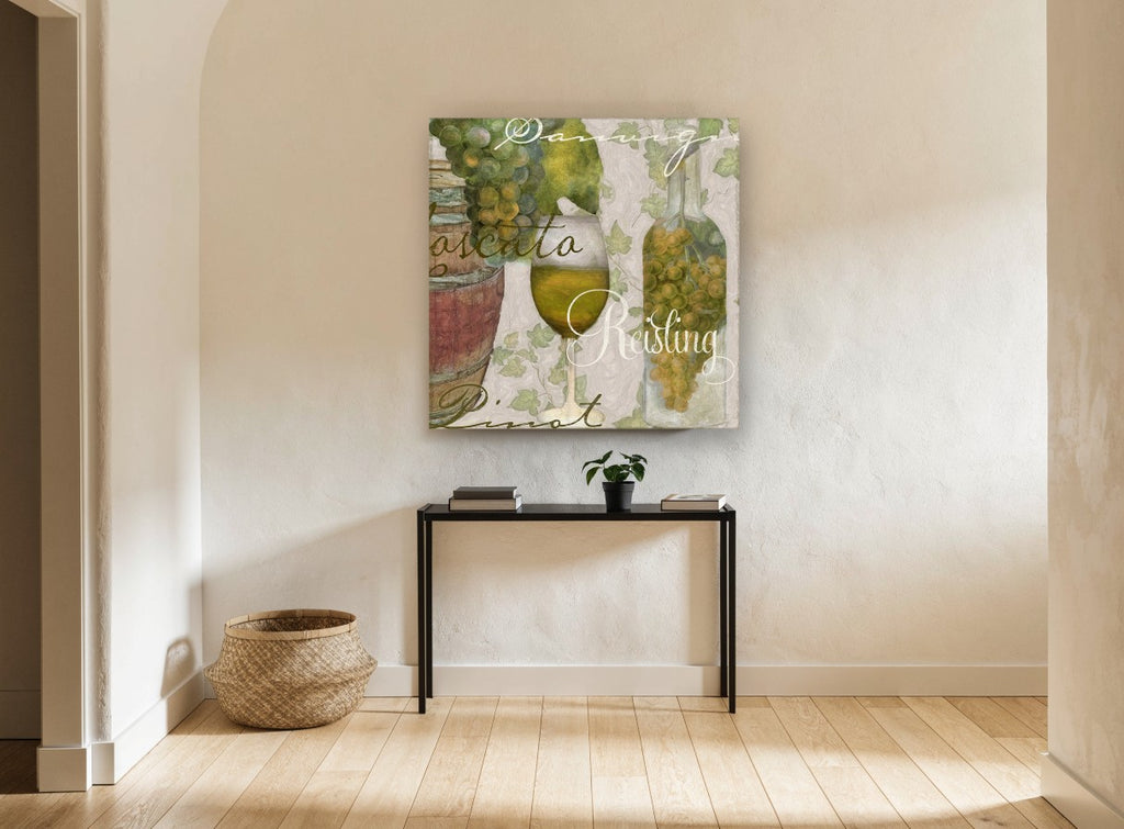 White Wine Cellar Script floral canvas print on the wall of a hallway
