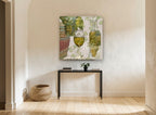 White Wine Cellar Script floral canvas print on the wall of a hallway