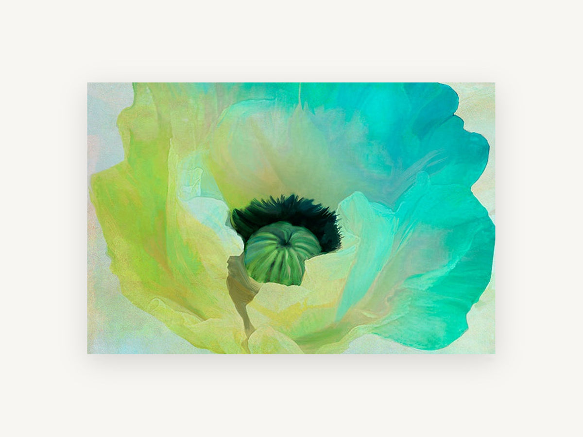 Aqua Poppy Bloom, floral canvas wall art print, front view