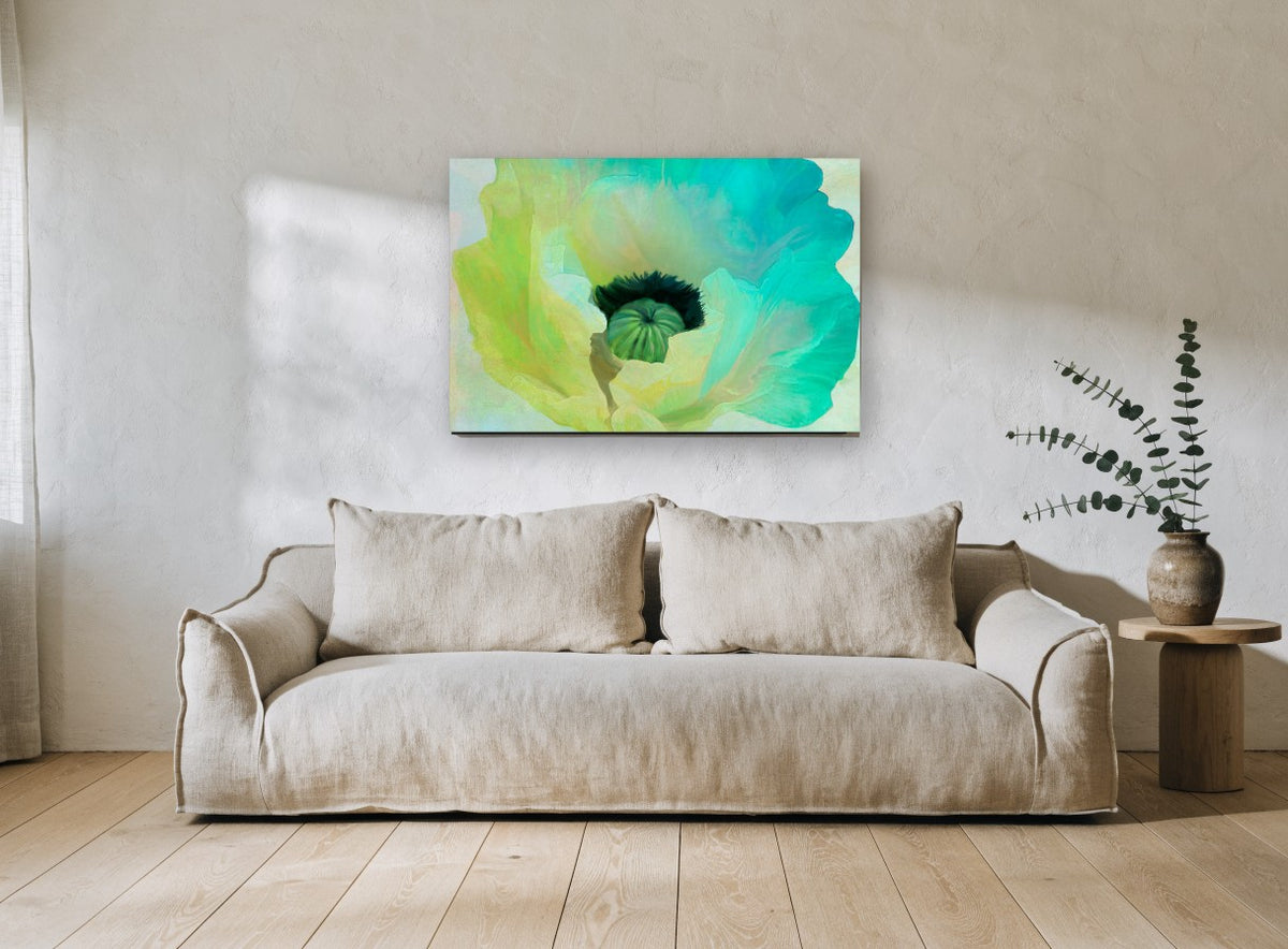 Aqua Poppy Bloom floral canvas print on the wall of a living room