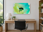 Aqua Poppy Bloom floral canvas print on the wall of a study
