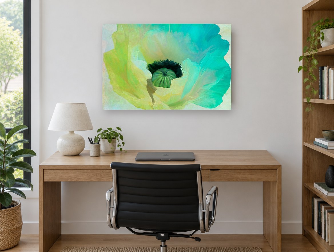 Aqua Poppy Bloom floral canvas print on the wall of a study
