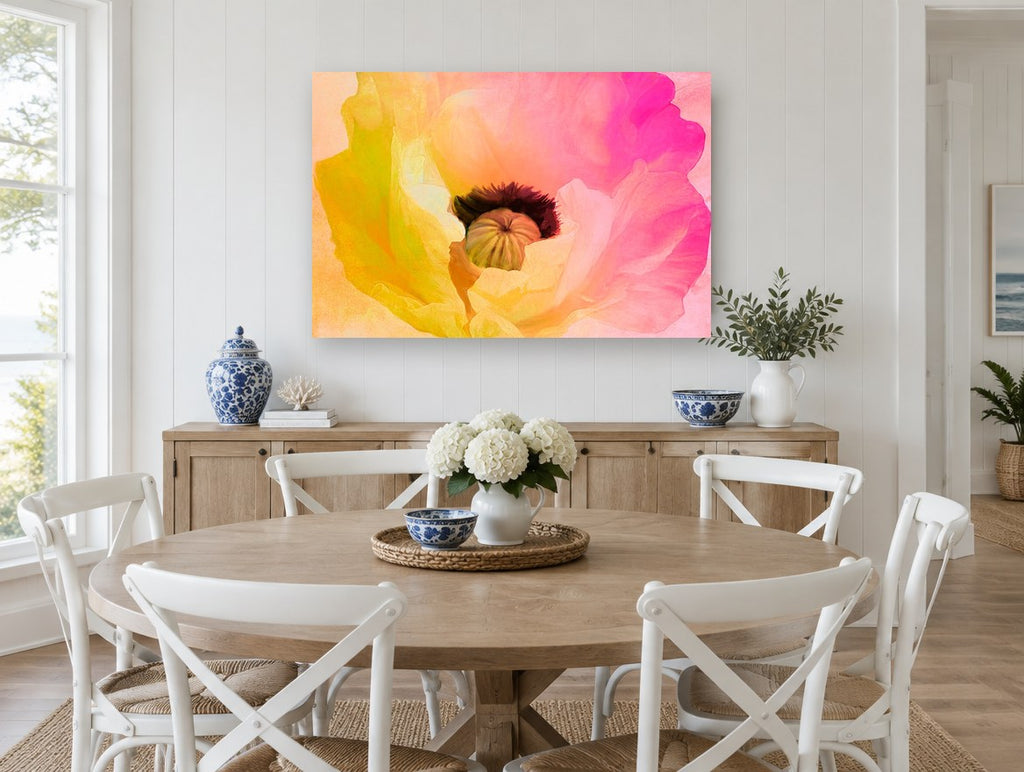 Sunrise Poppy Bloom floral canvas print on the wall of a Hamptons dining room