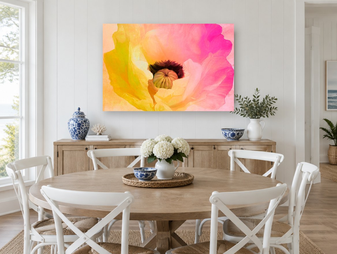 Sunrise Poppy Bloom floral canvas print on the wall of a Hamptons dining room