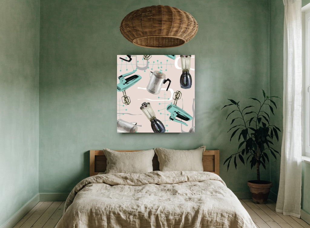 Atomic Kitchen Appliances vintage canvas print on the wall of a bedroom