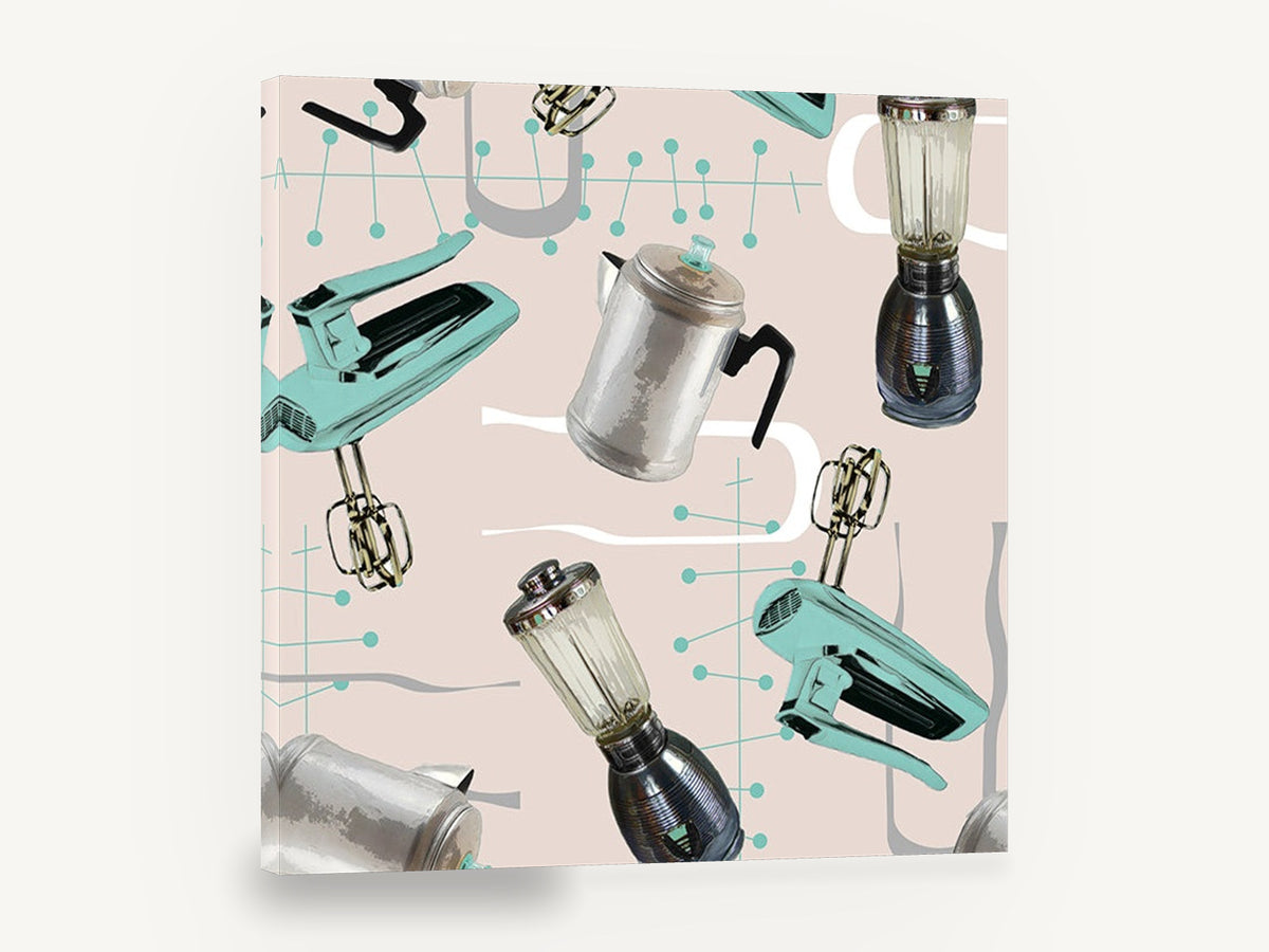 Atomic Kitchen Appliances, retro fifties kitchen appliance, stretched canvas wall art print ready to hang