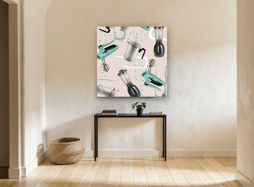 Atomic Kitchen Appliances vintage canvas print on the wall of a hallway