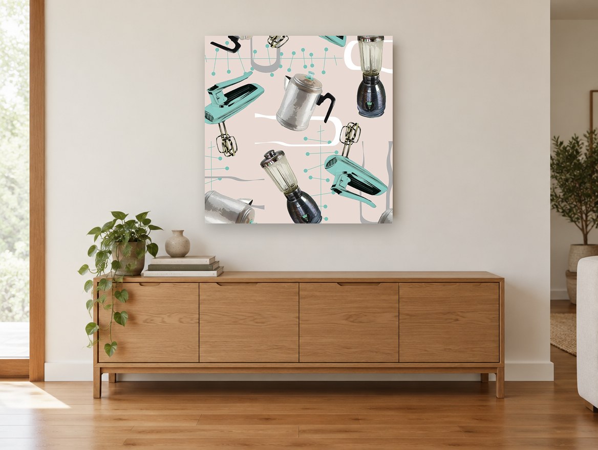 Atomic Kitchen Appliances vintage canvas print on the wall of a living room above a sideboard