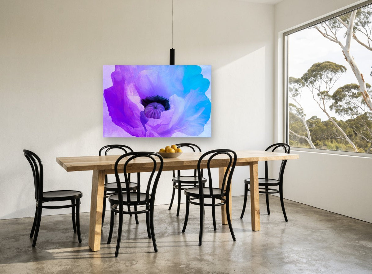 Violet Poppy Bloom floral canvas print on the wall of a dining room