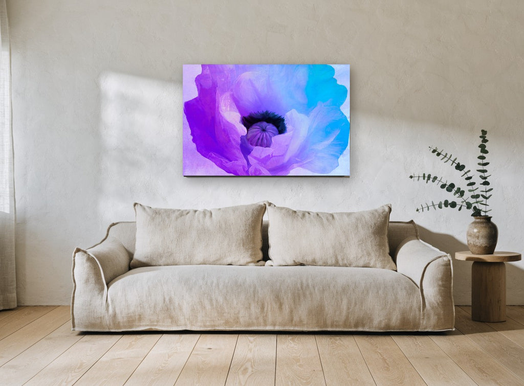 Violet Poppy Bloom floral canvas print on the wall of a living room